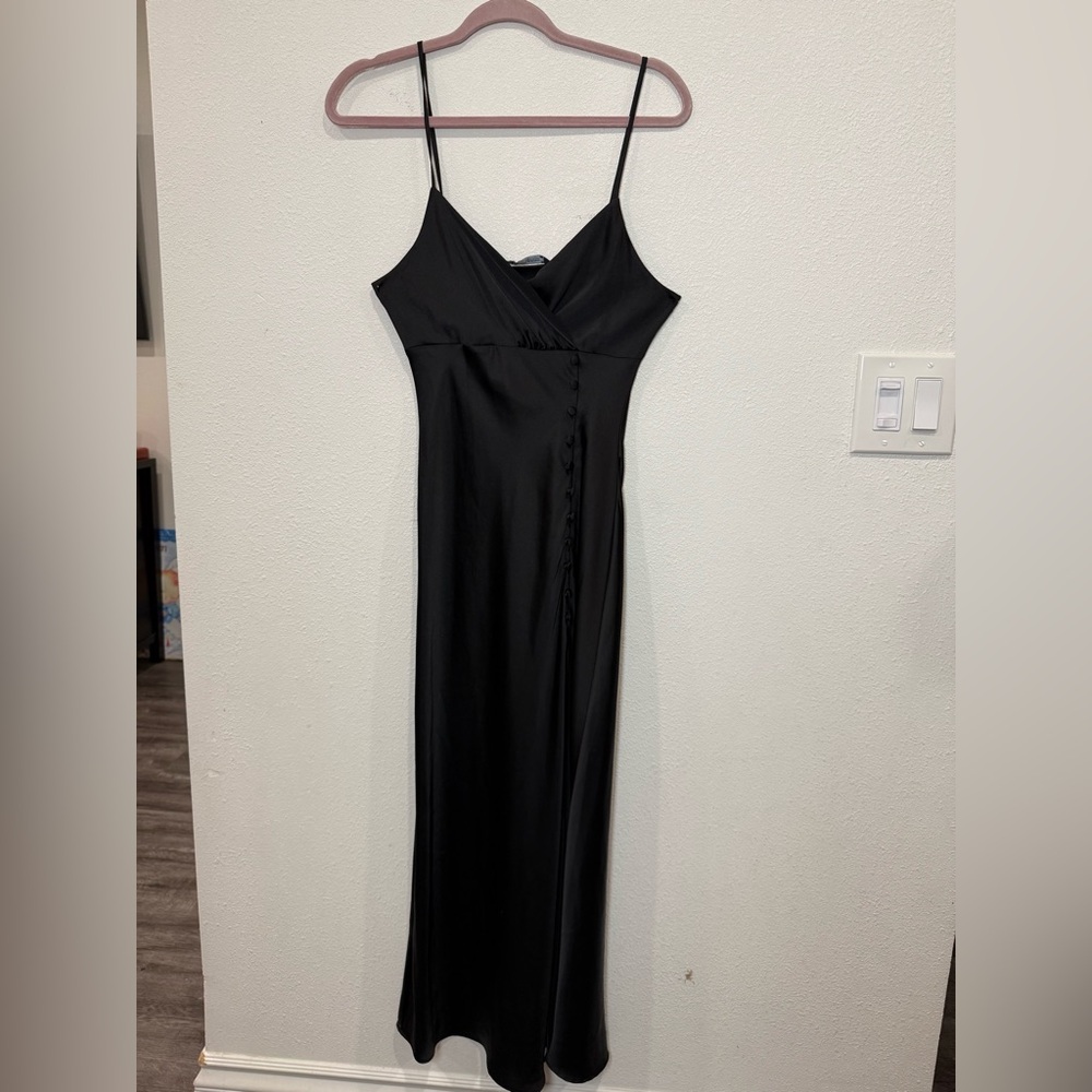 ZARA Black Satin Wrap Midi Dress XS | Side Button Slip Dress Elegant Minimalist - Picture 2 of 8